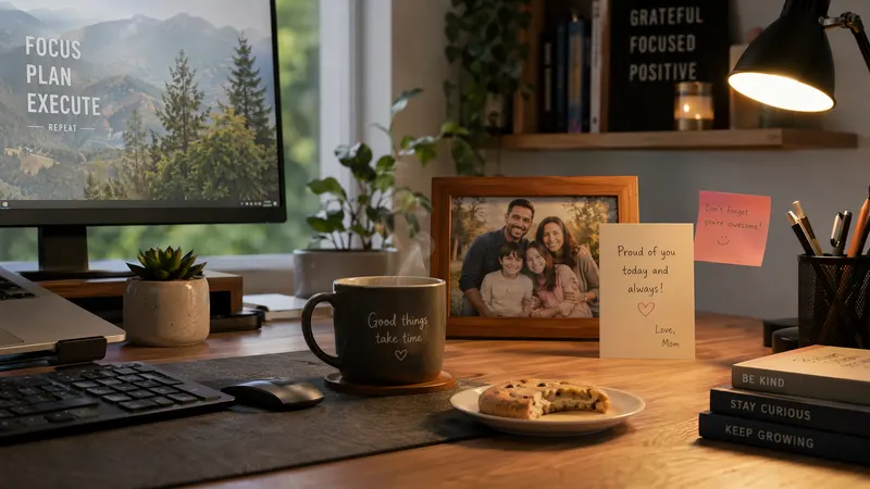 A desk with a framed family photo, mug, and a snack.