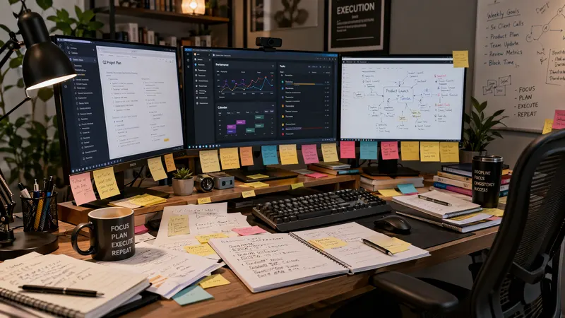 Three-monitor desk covered in sticky notes and papers.